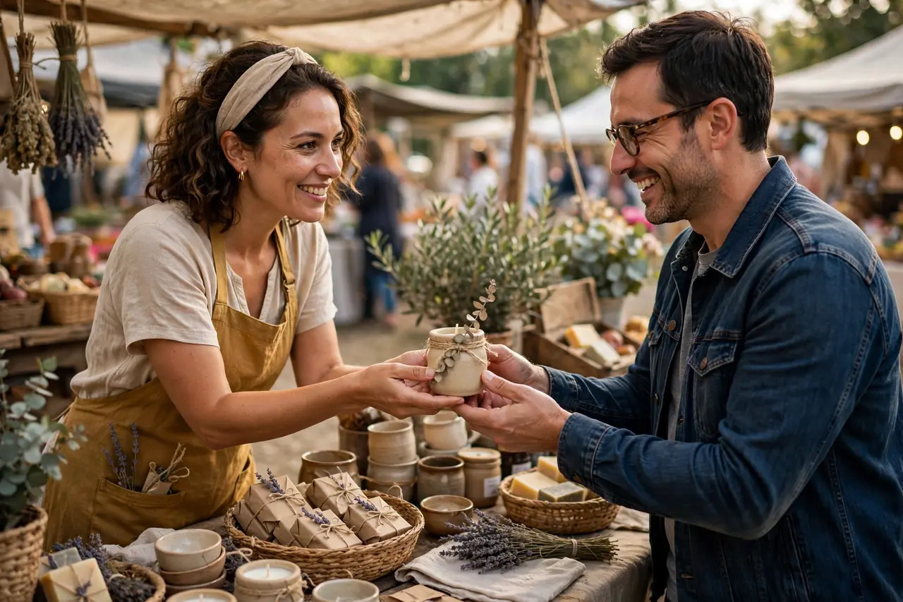 Small business owner handing a product to a new customer