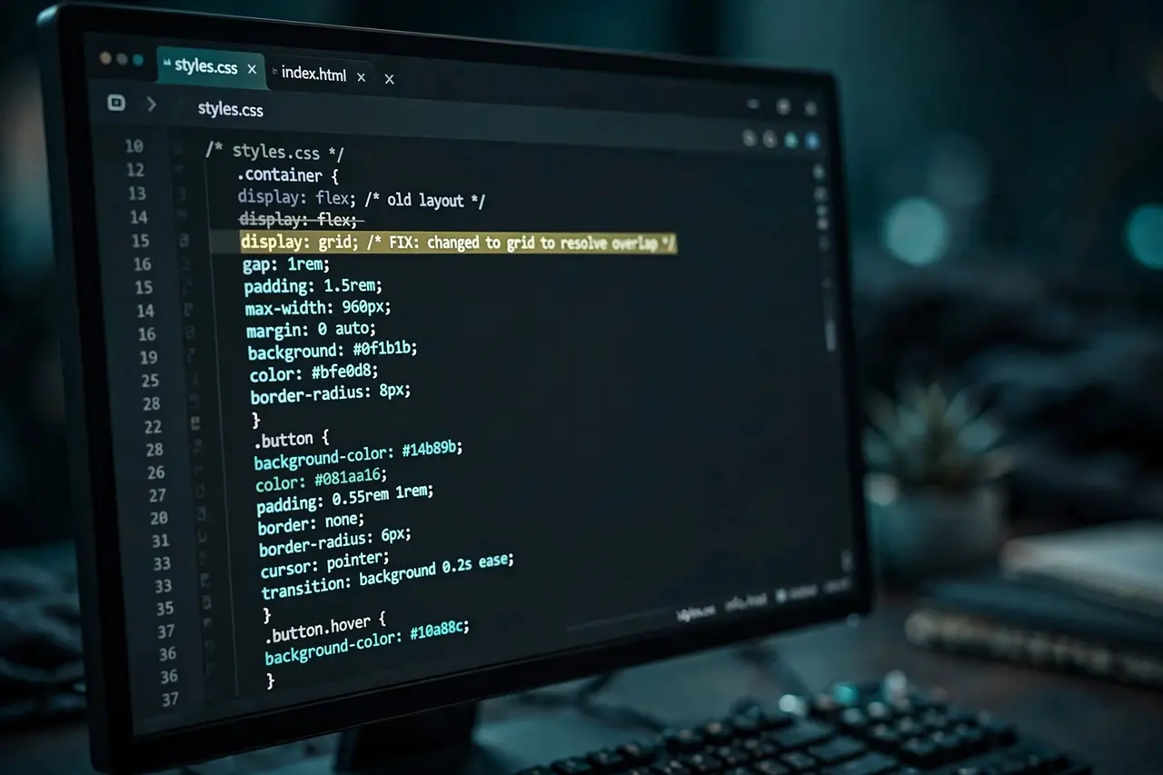 Code editor on a monitor showing HTML and CSS being debugged