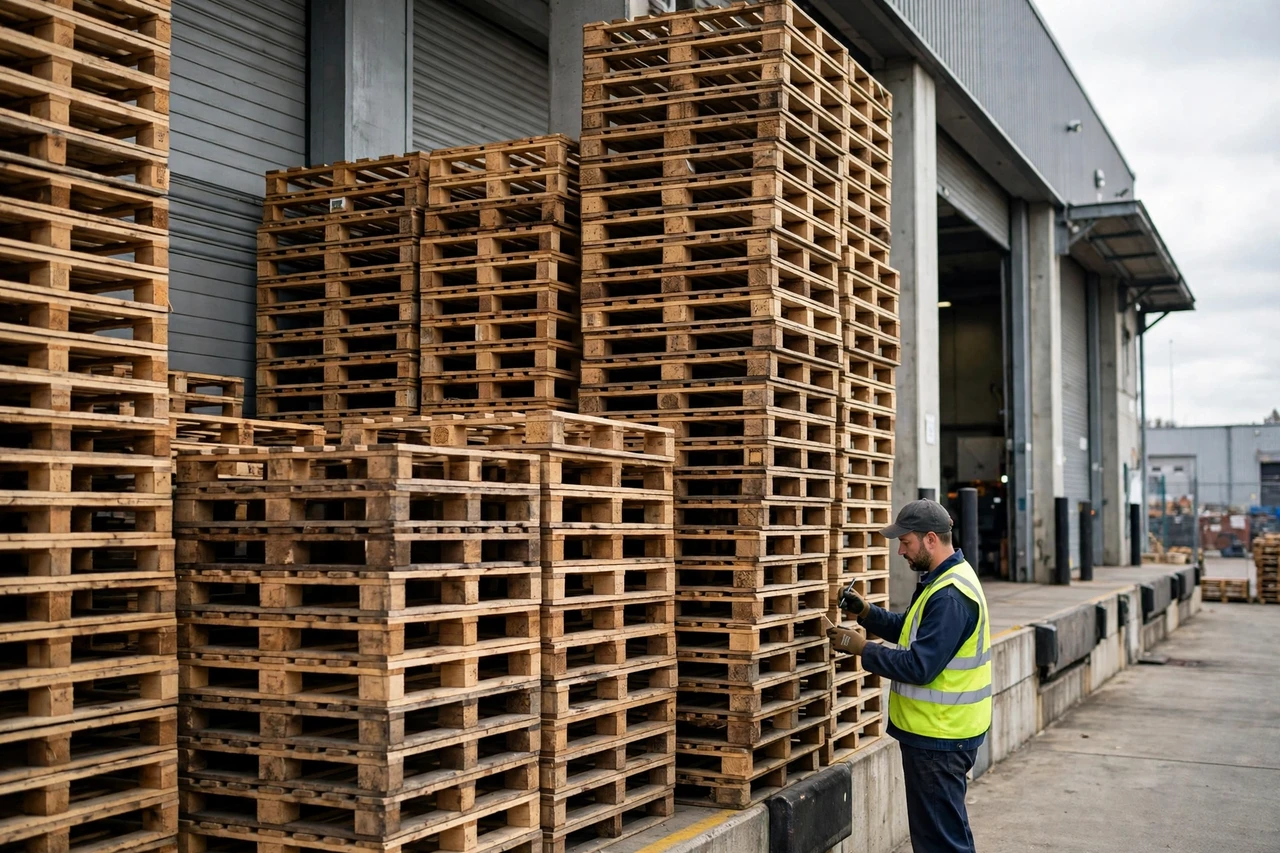 Stack of wooden pallets being loaded for resale outside a warehouse
