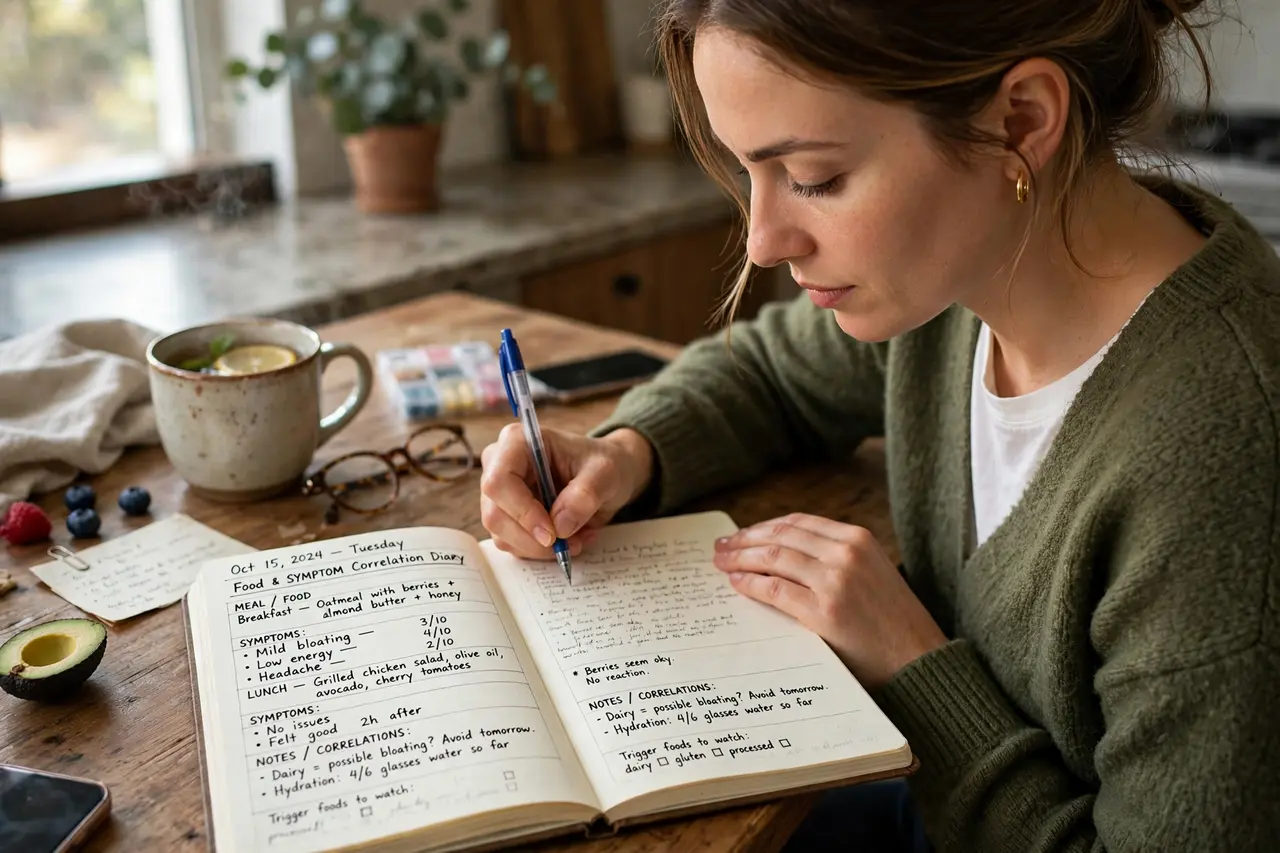 Person logging meals and symptoms in a food correlation diary