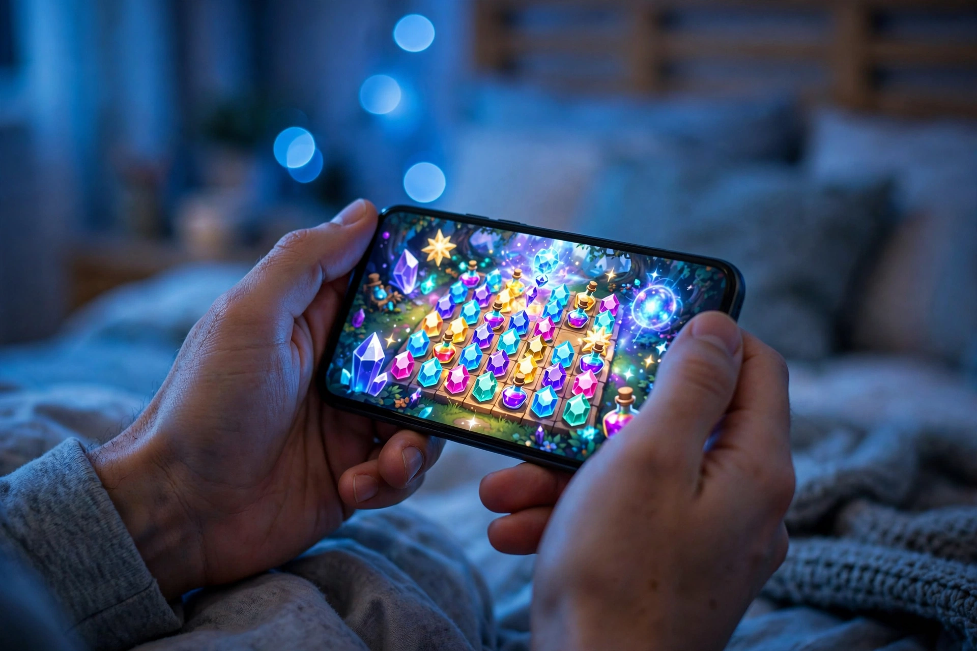 Hands holding smartphone playing mobile game to earn Freecash rewards