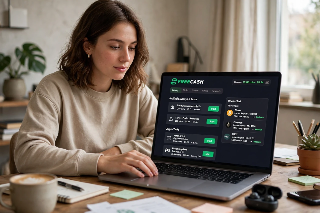 Freecash dashboard showing available tasks with crypto payout amounts