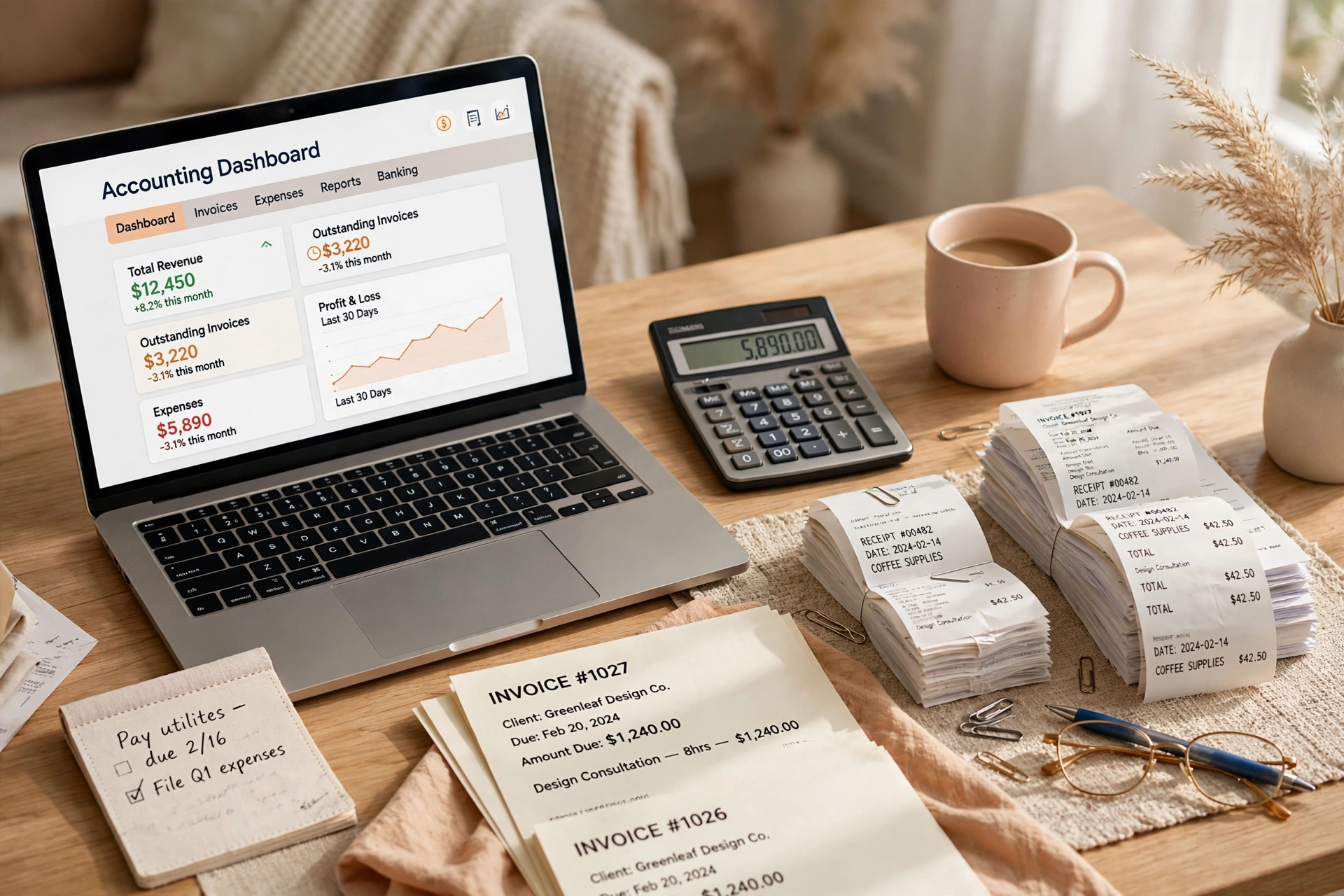 Home desk with laptop showing accounting software, calculator, and organized receipts