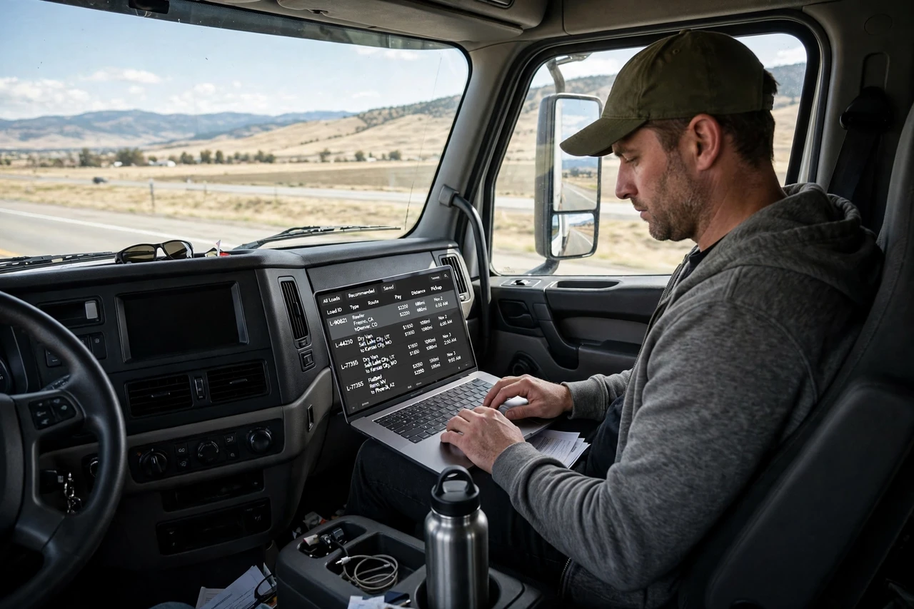 Truck driver using a laptop to book loads for other owner-operators from the cab