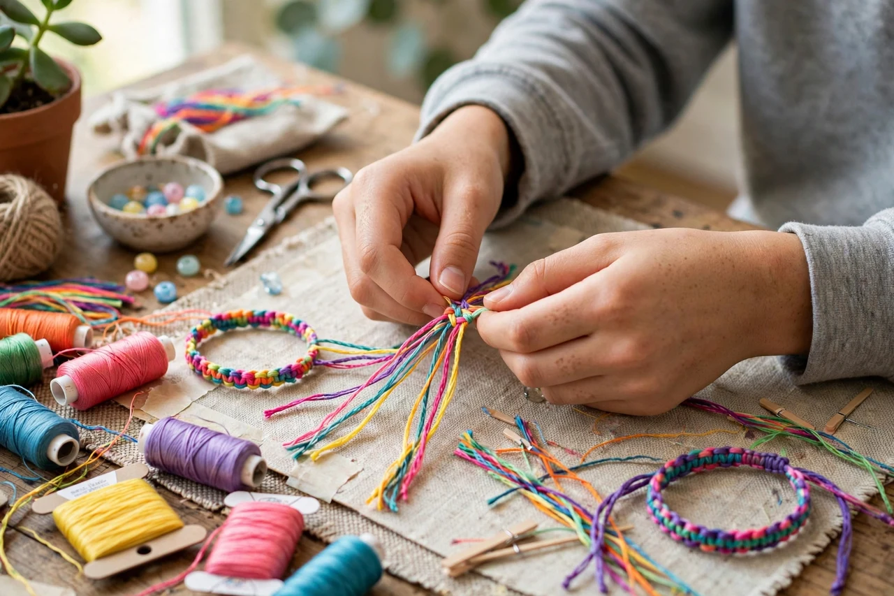 Teen hands weaving colorful friendship bracelets with embroidery thread