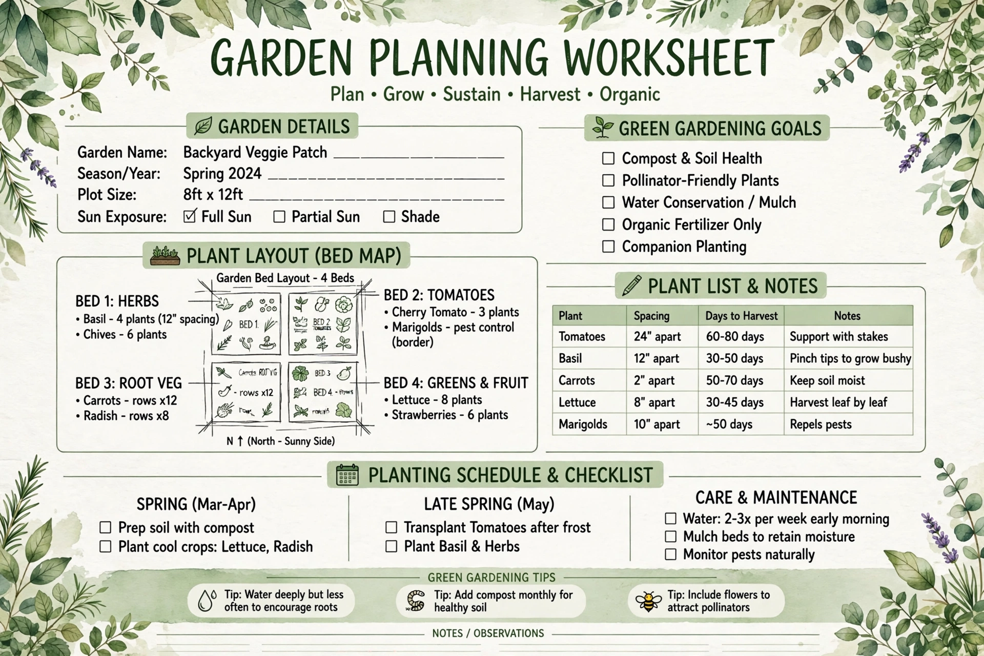 Garden planning worksheet with planting calendar and bed layout grid