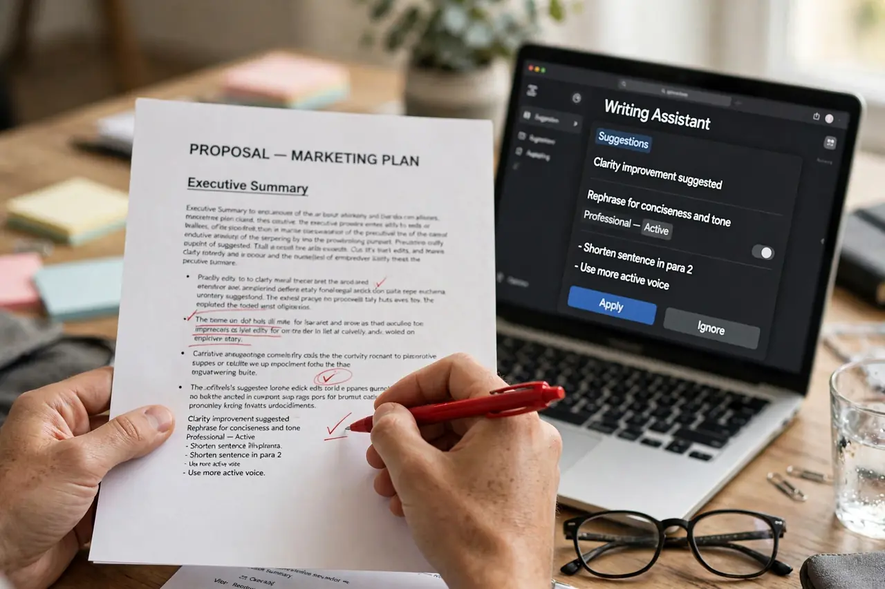 GrammarlyGO polishing a freelance client proposal document