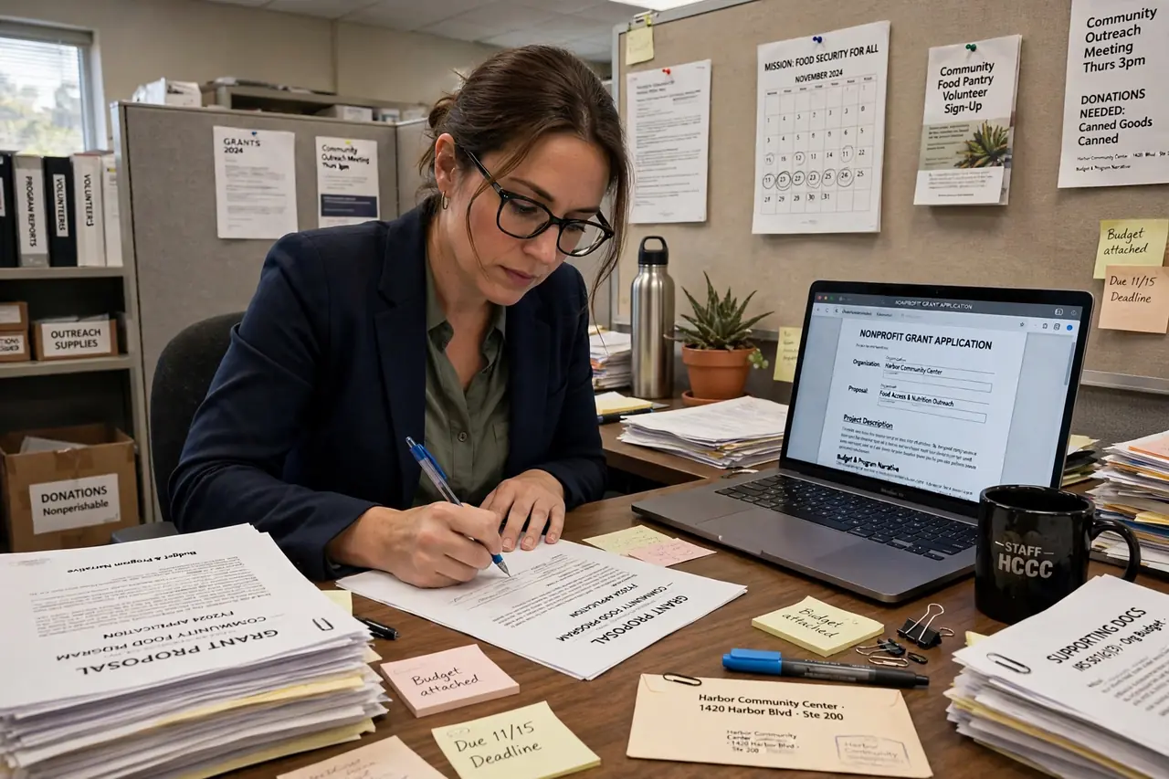 Grant writer preparing a nonprofit funding proposal with documents