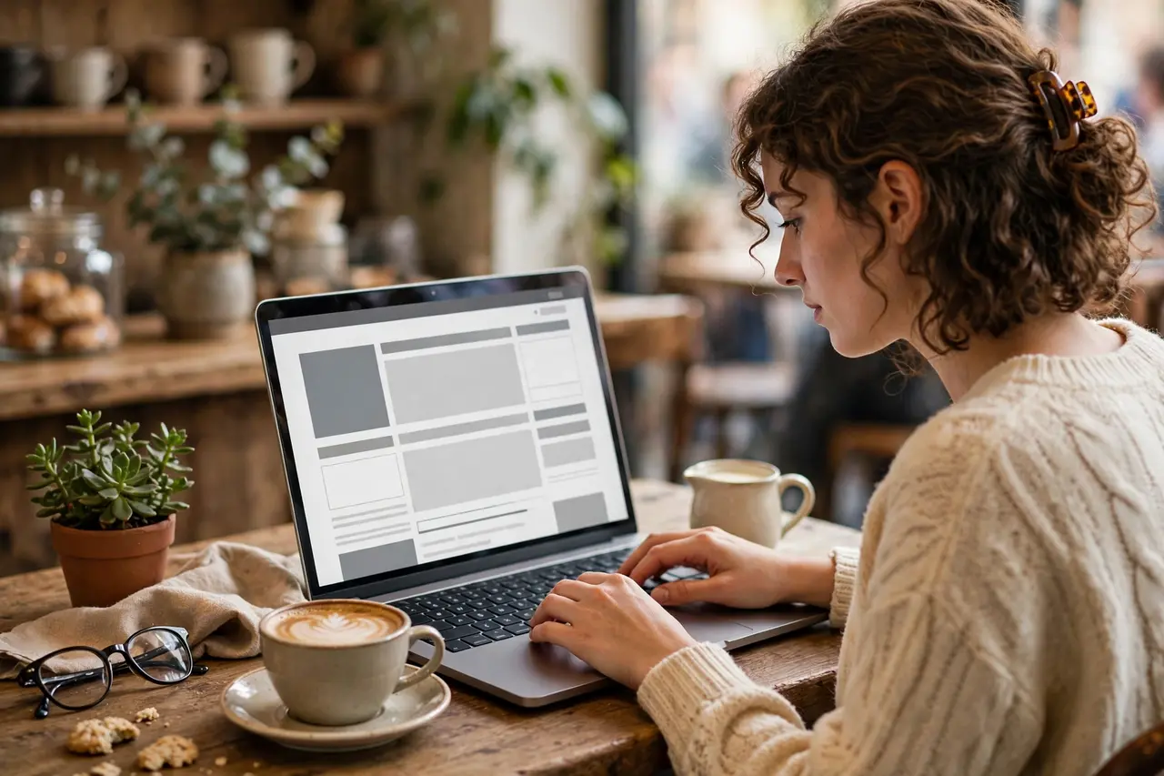 Person writing a newsletter on a laptop with coffee