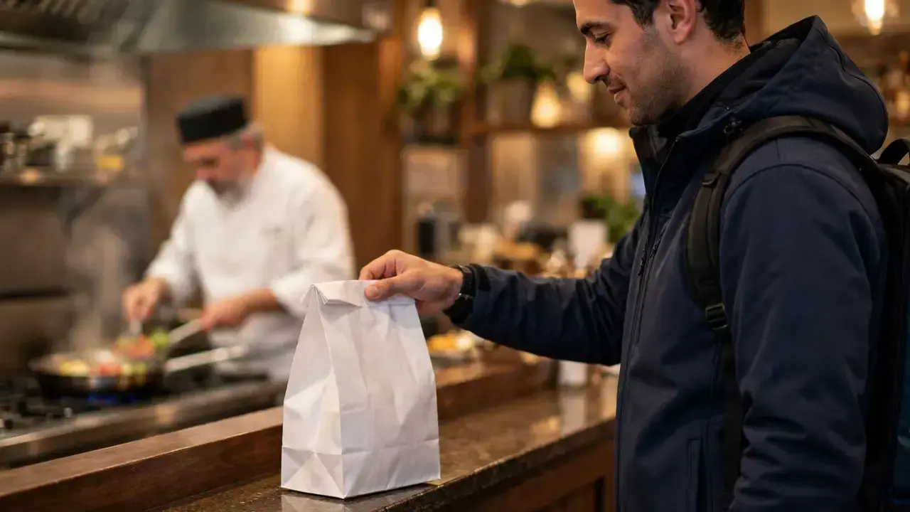 Grubhub driver picking up a takeout bag from a restaurant counter