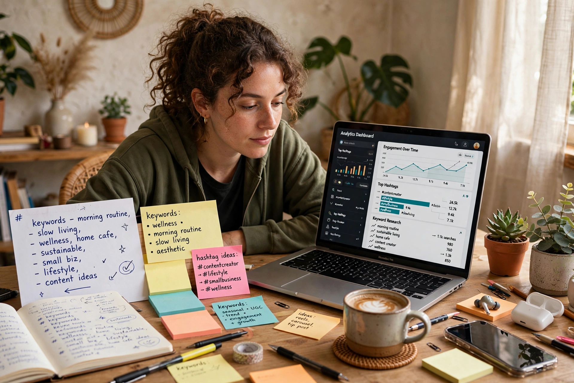 Freelancer researching hashtags and keywords for a content creator