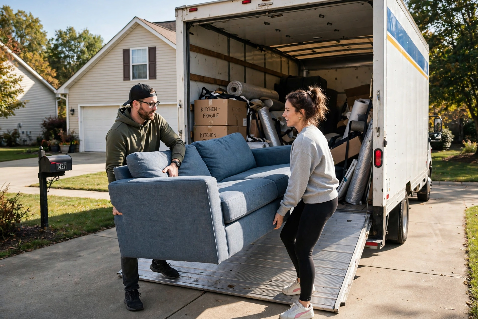 Two people carrying a couch into a moving truck on a sunny day