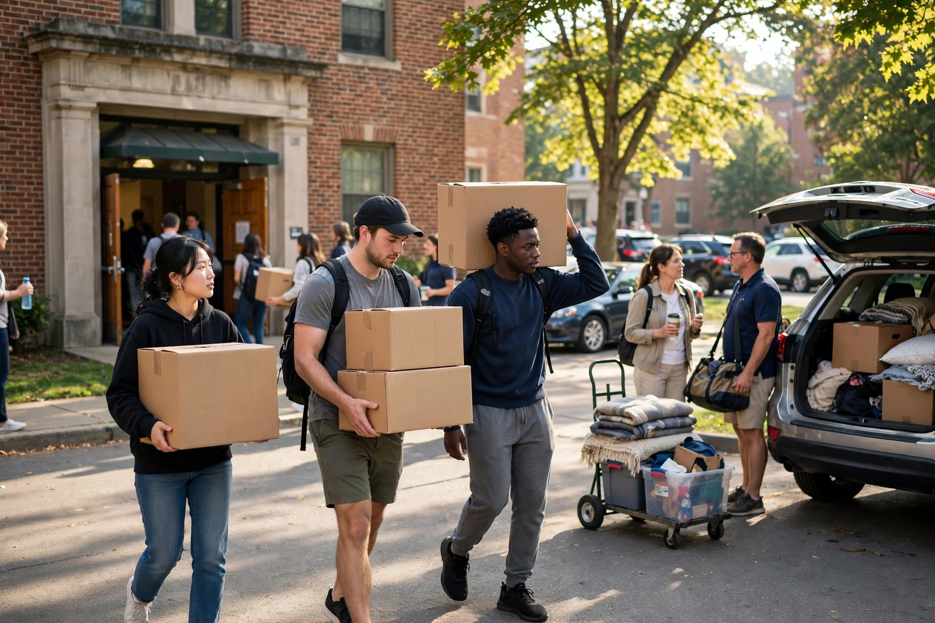 Students carrying boxes into a dorm building on move-in day