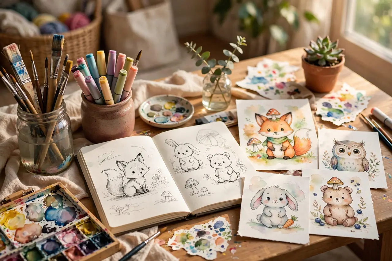 Freelance illustrator drawing colorful children's book artwork at a desk