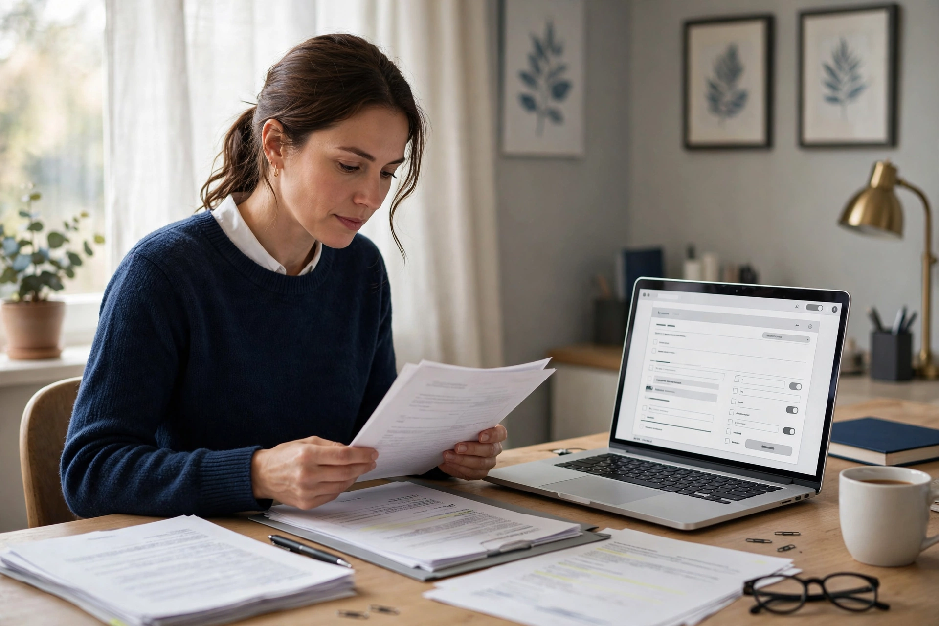 Insurance claims processor reviewing claim documents at a home office desk