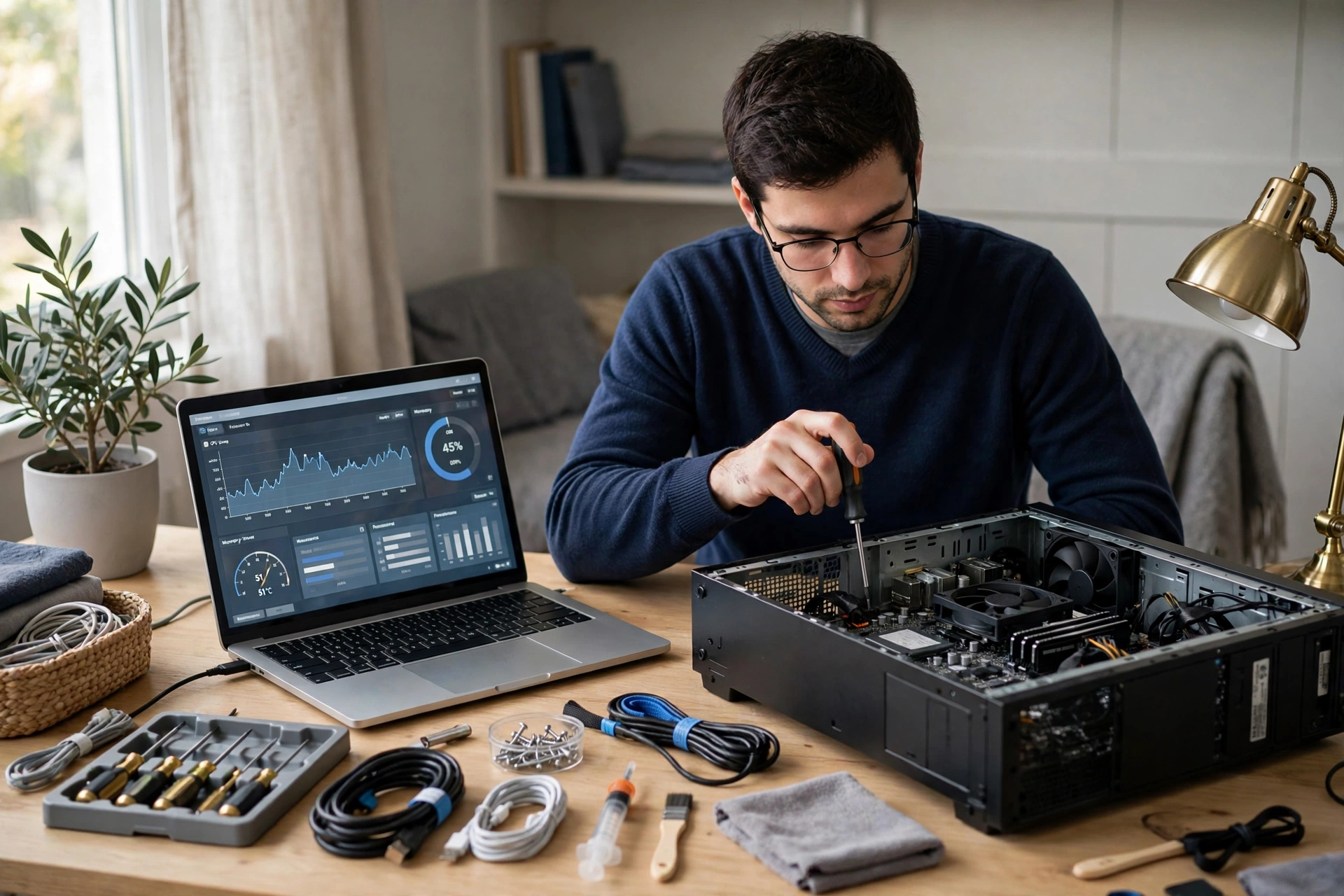 Junior IT help desk technician troubleshooting a computer at a home office desk with tools nearby