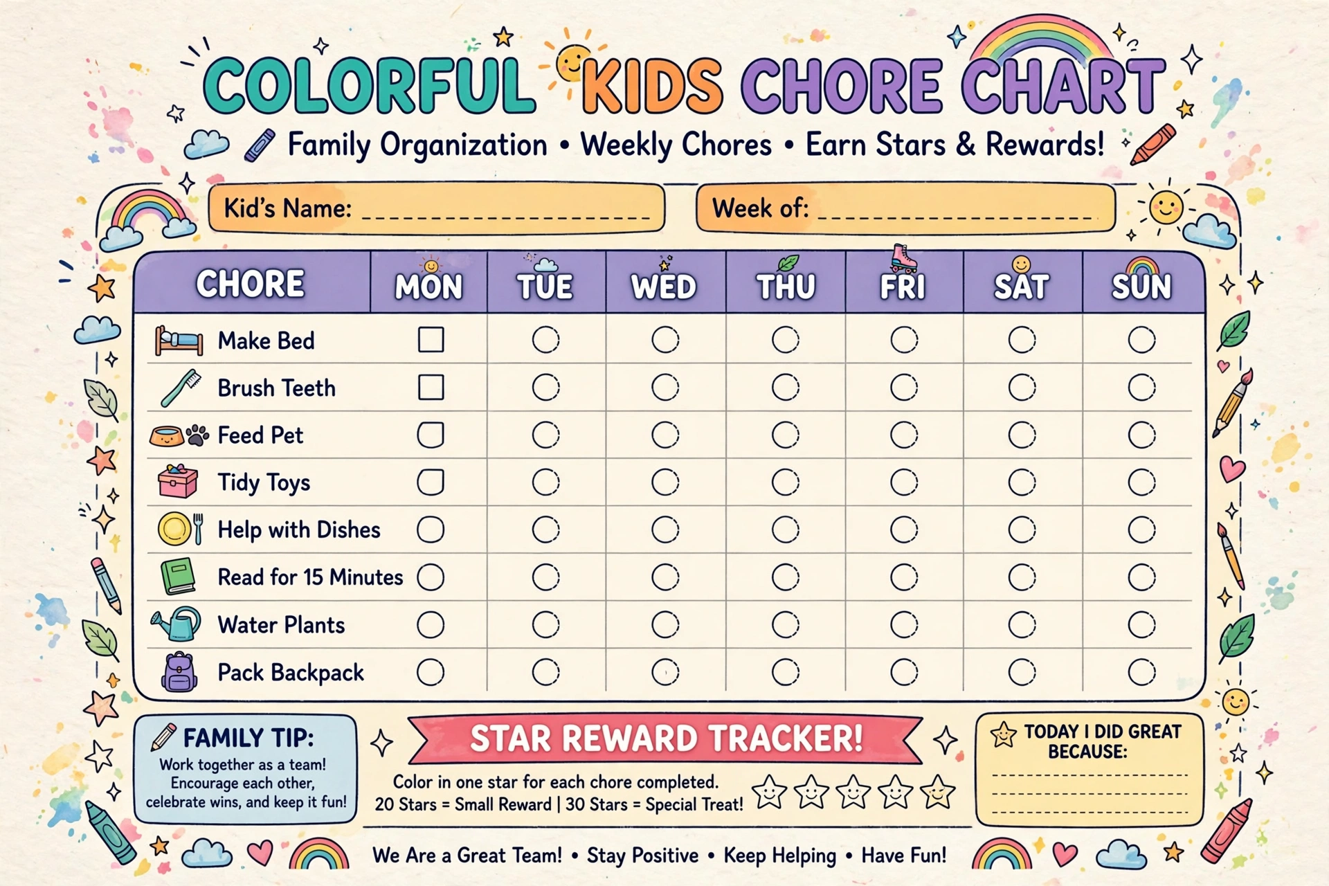 Colorful kids chore chart printable with reward stars