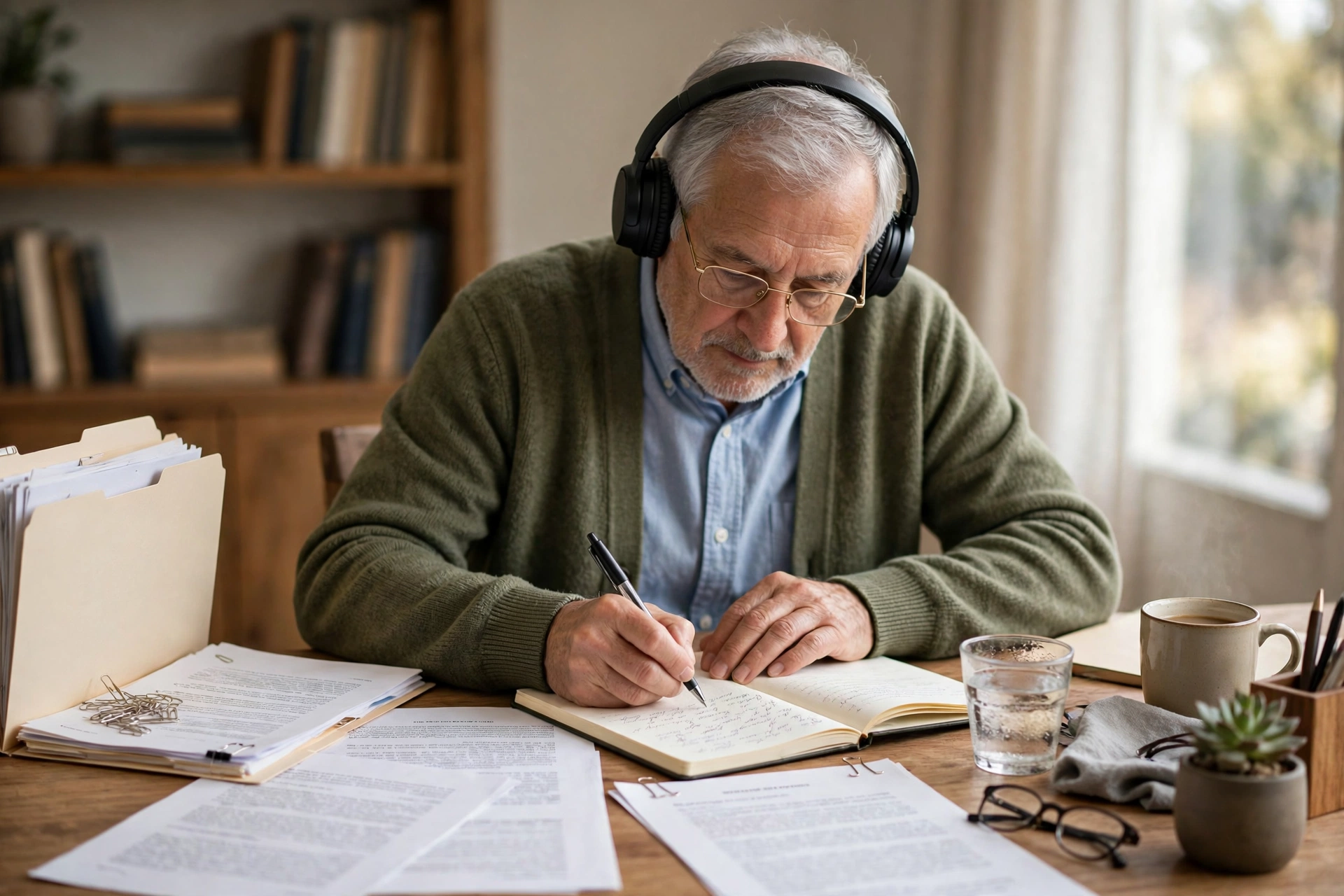 Retiree transcribing legal proceedings with headphones at a quiet desk