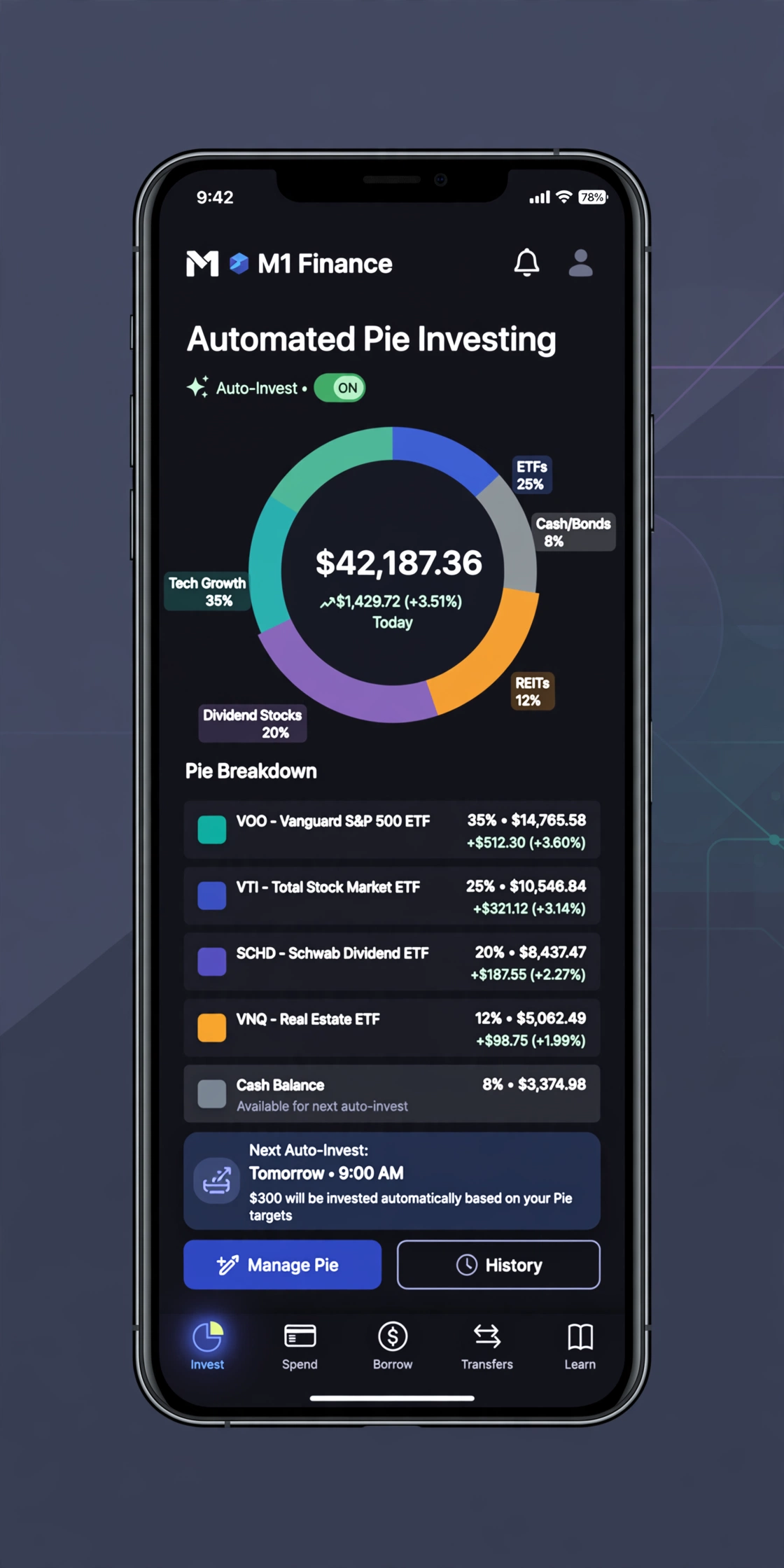 M1 Finance app with automated investment portfolio