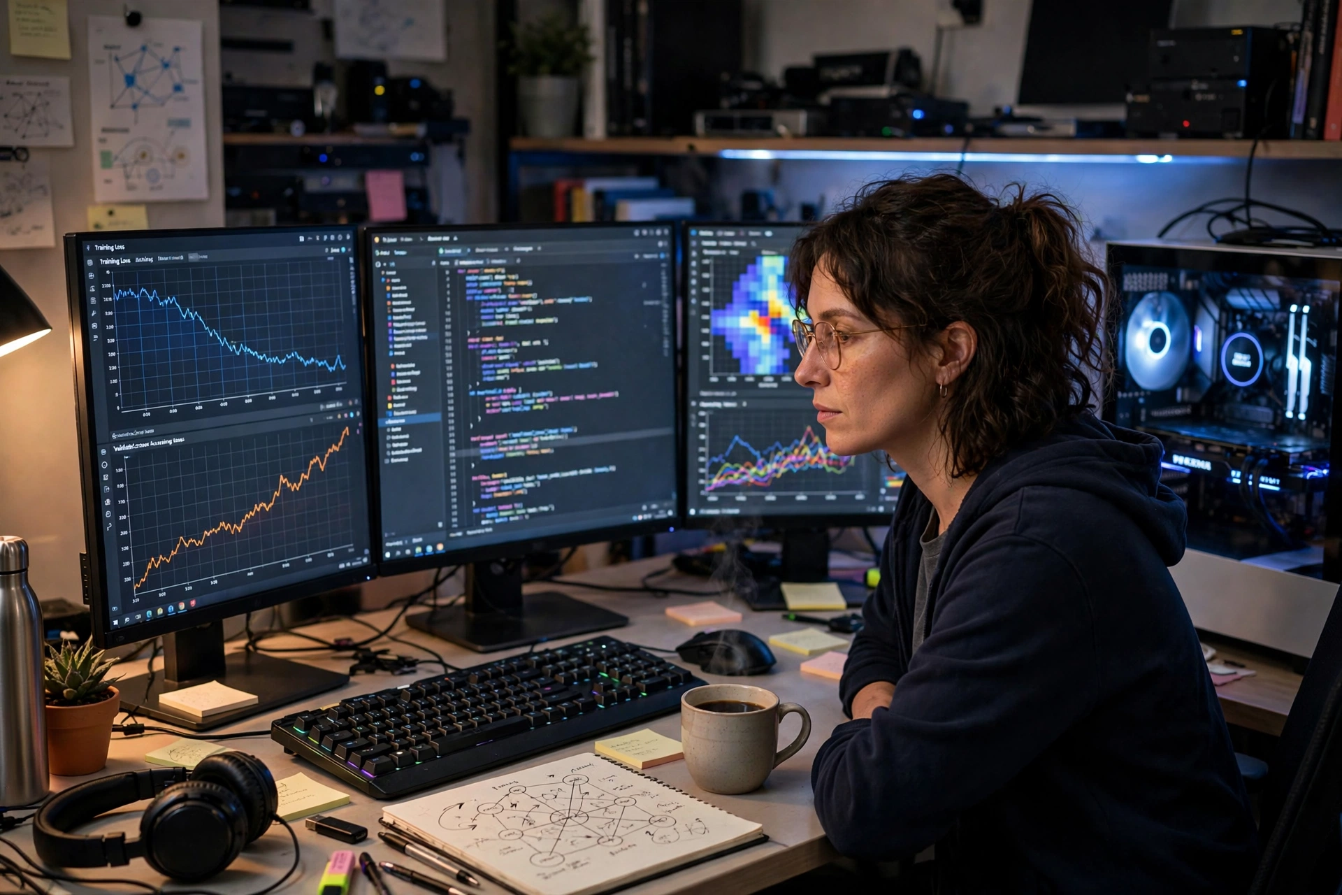 Machine learning engineer training neural network models on a workstation