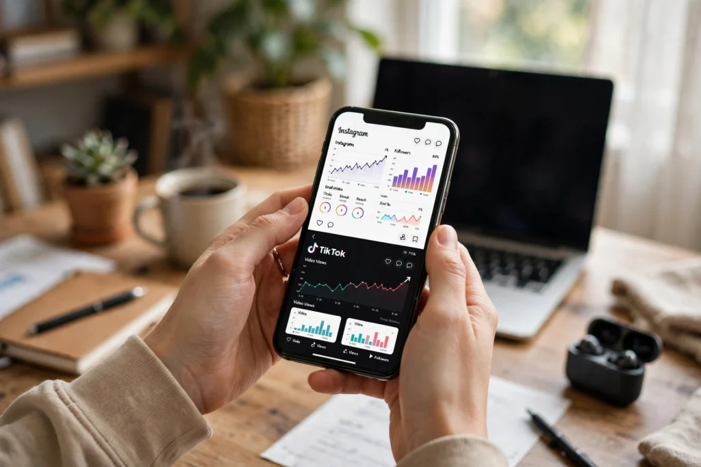 Social media manager scheduling posts from a smartphone