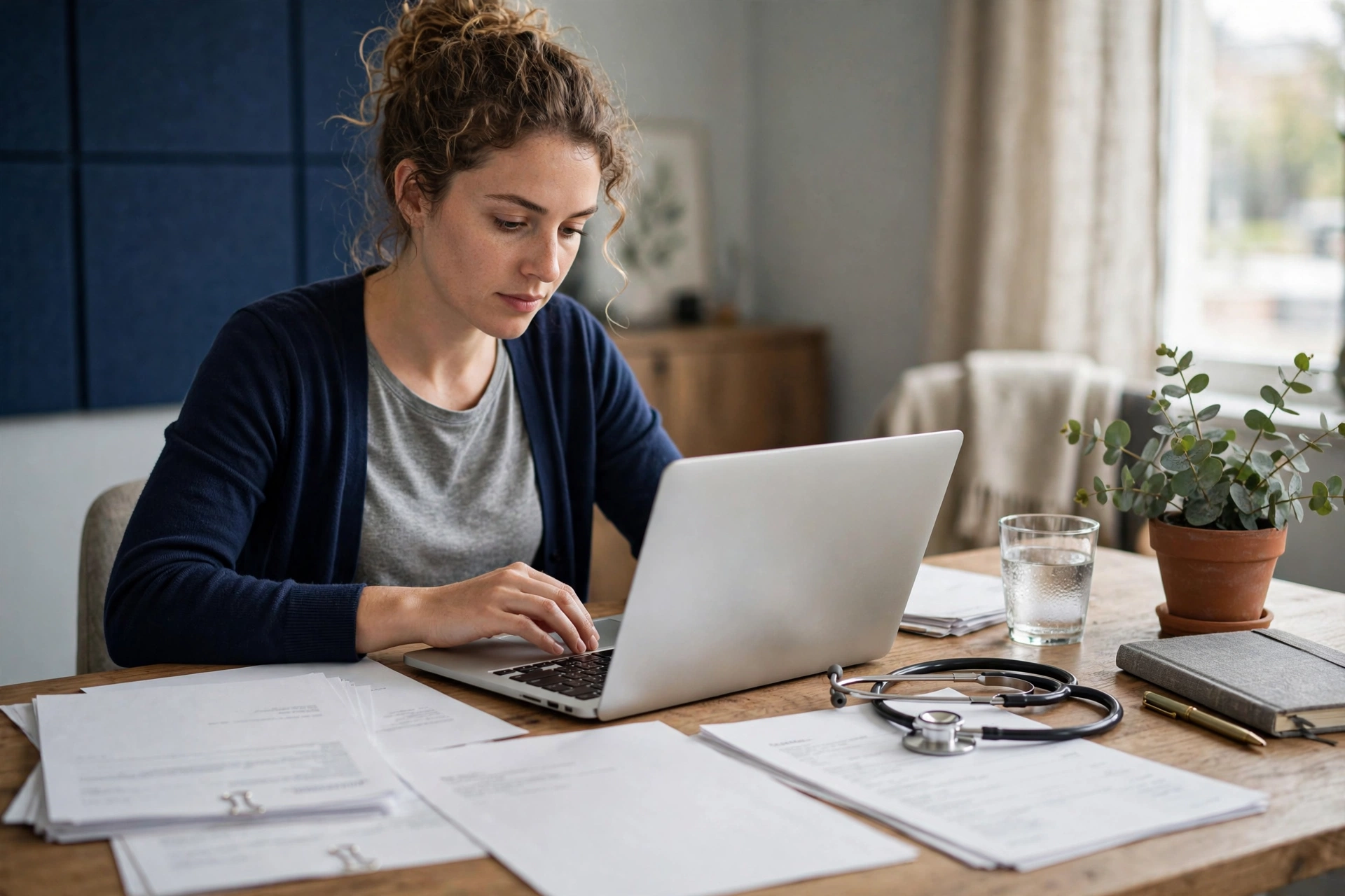 Medical billing assistant working on billing forms and invoices at a desk