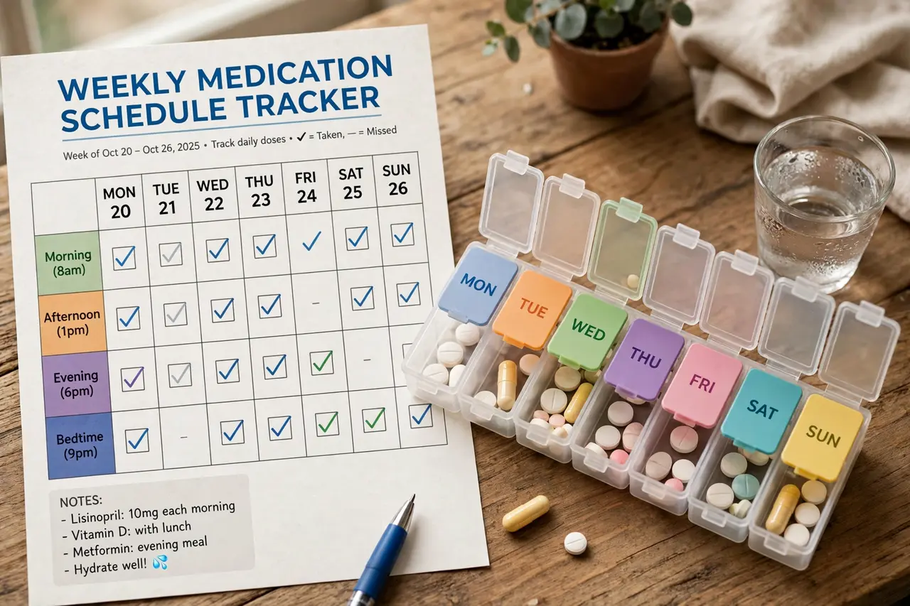 Weekly medication schedule tracker with pill organizer beside it