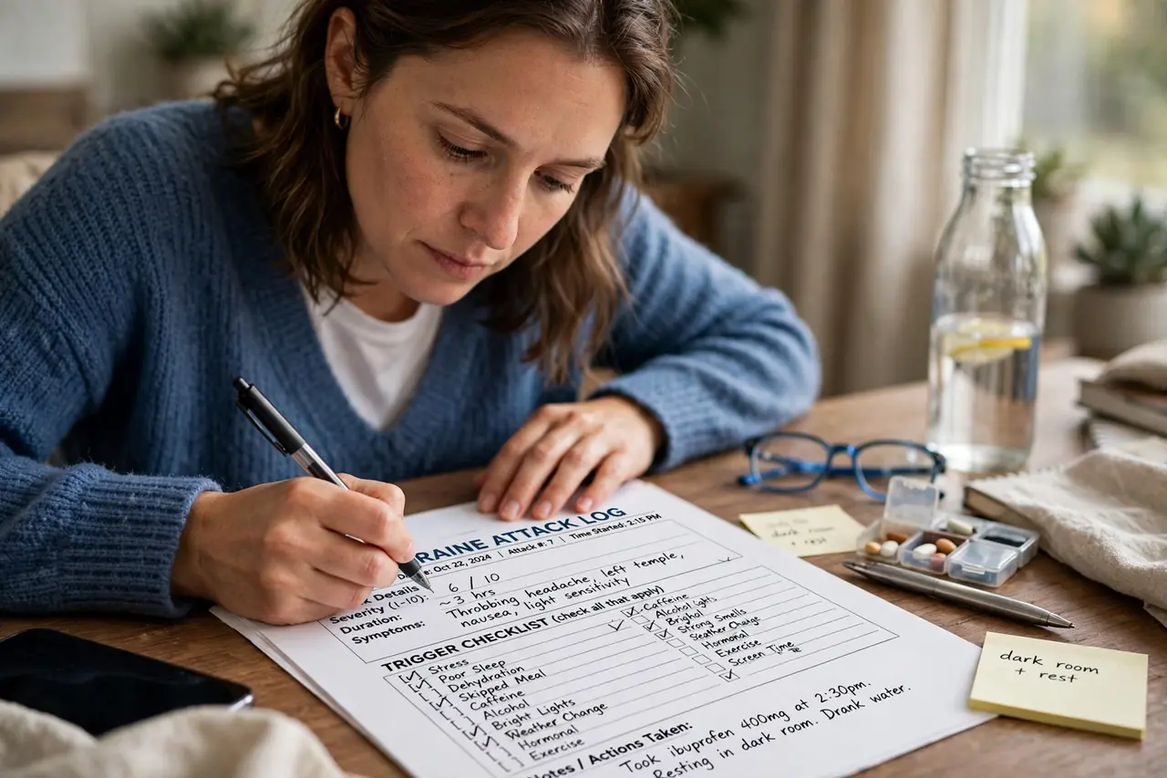 Person filling out a migraine attack log with trigger checklist