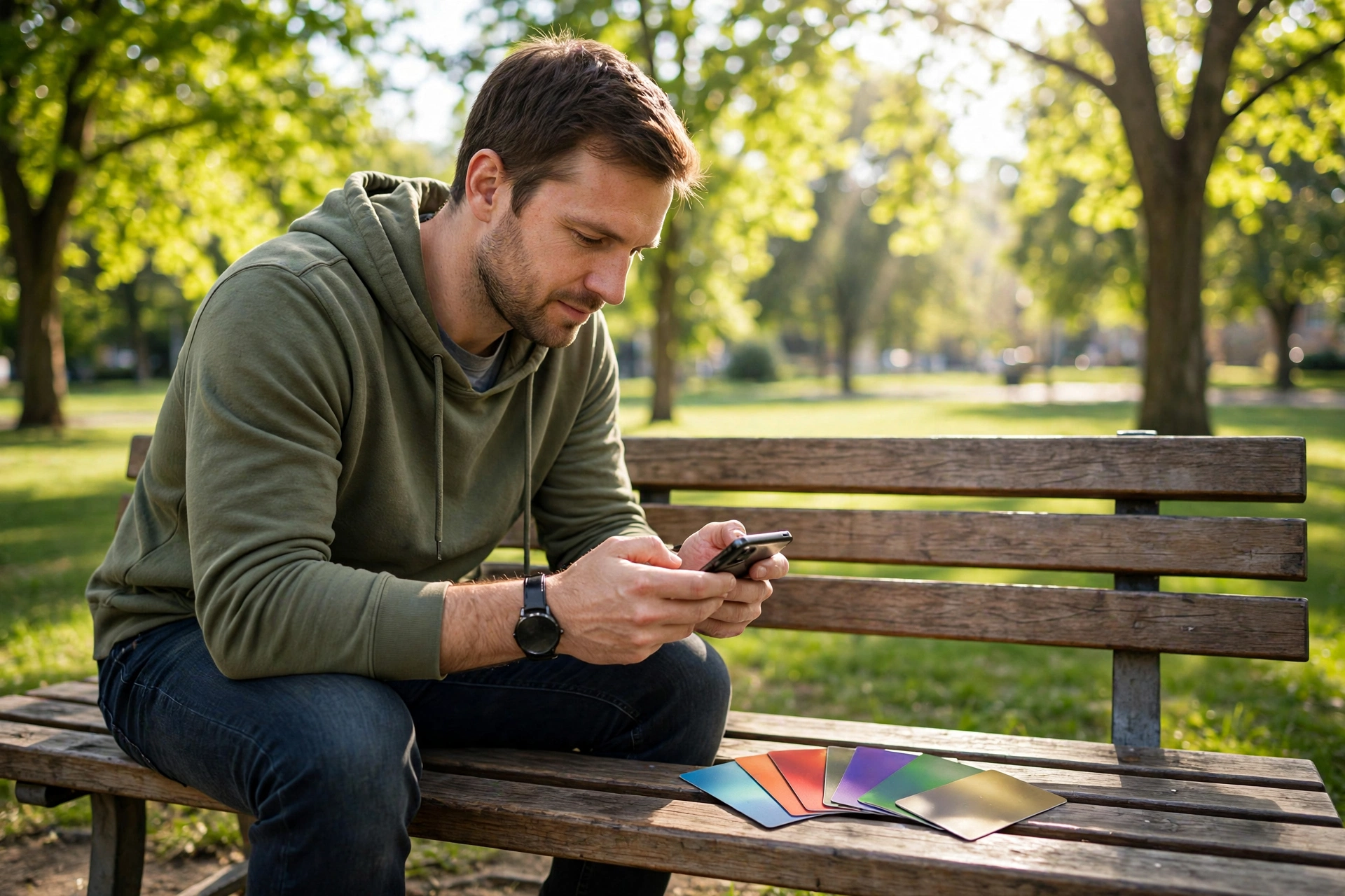 Man playing mobile game on a park bench earning Mistplay rewards