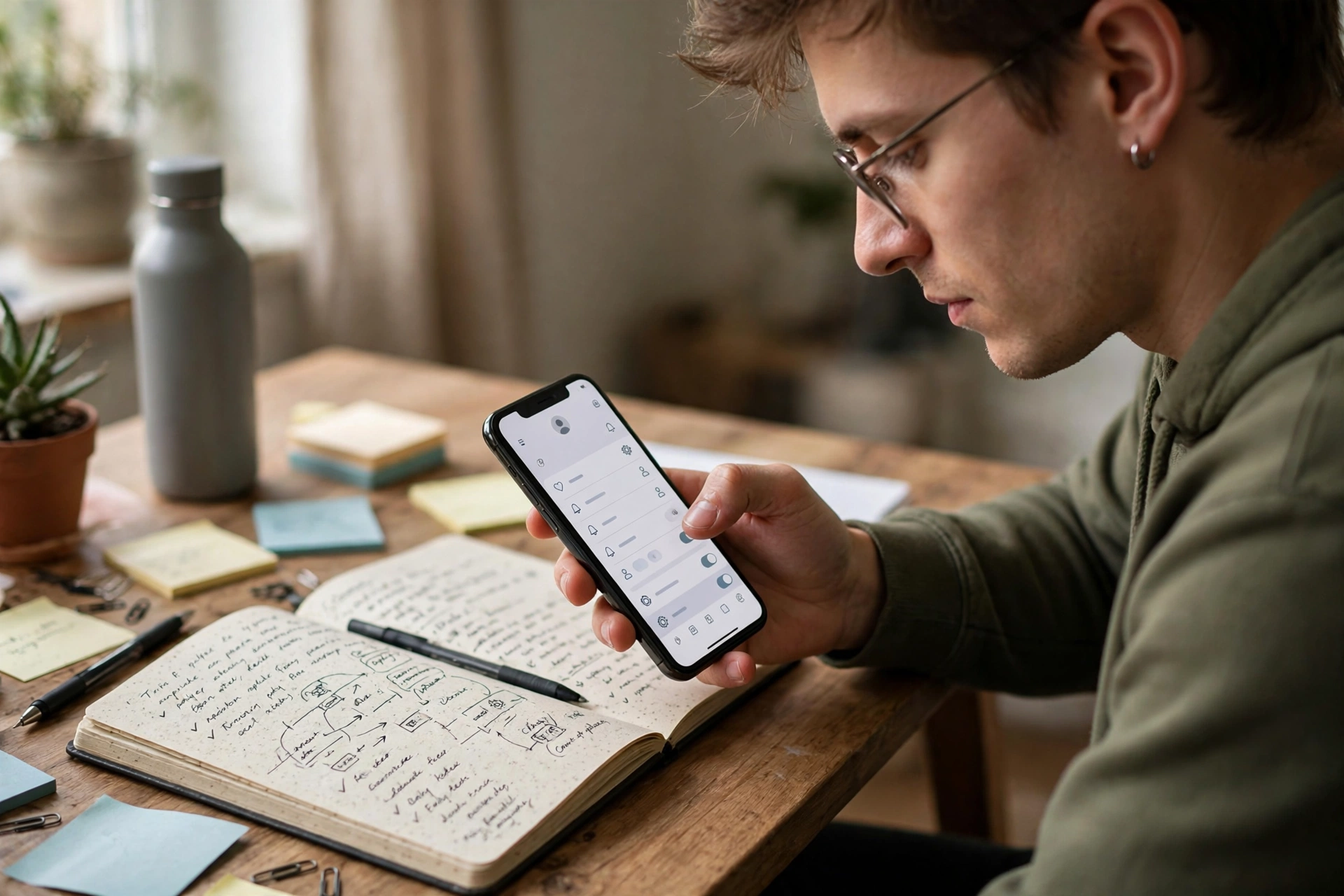 Person testing mobile app and recording feedback on phone