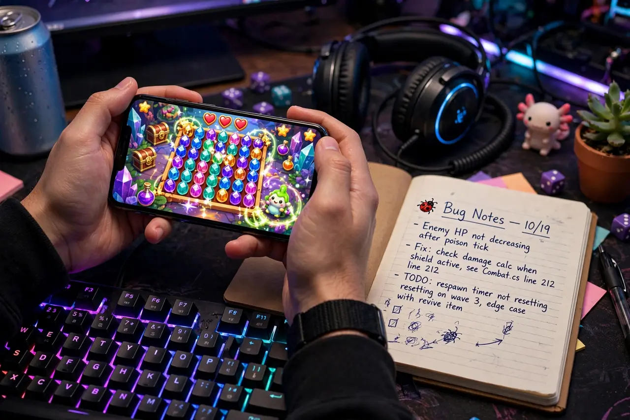 Mobile game tester documenting bugs on a smartphone