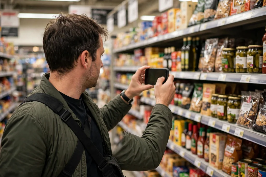 Mystery shopper documenting a store visit on smartphone