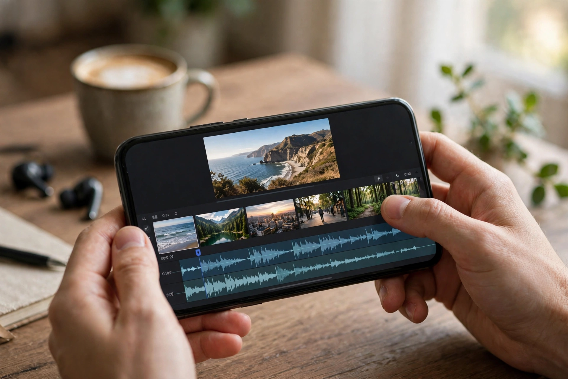 Freelancer editing video on smartphone with timeline app
