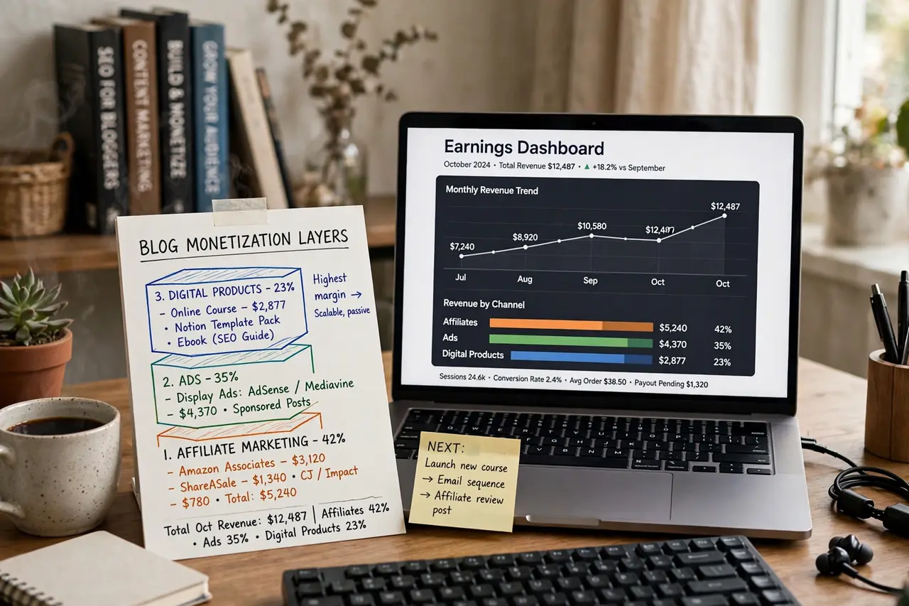 Blog monetization layers from affiliates ads and digital products