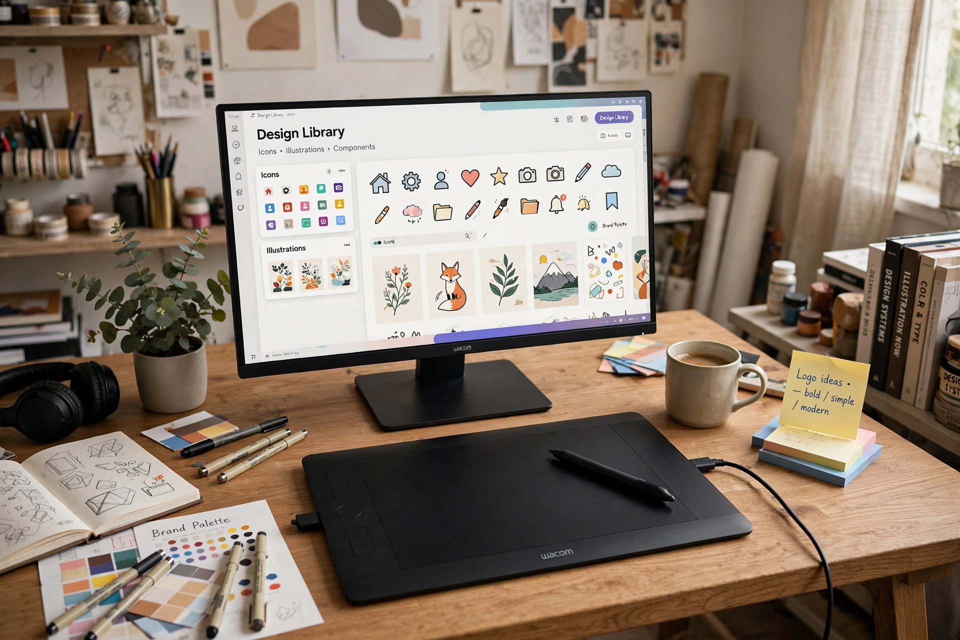 Monthly design asset subscription with icons illustrations and graphics