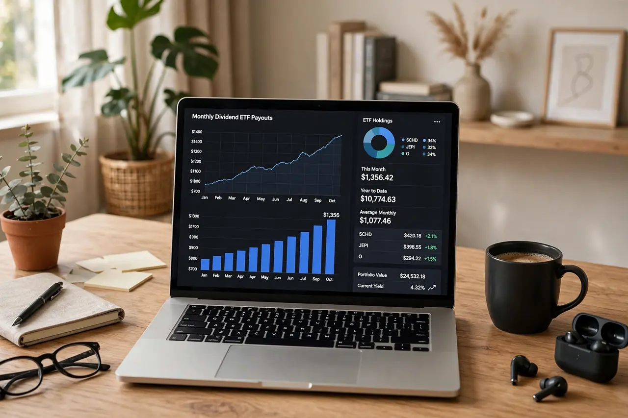 Investment dashboard showing monthly dividend ETF payouts