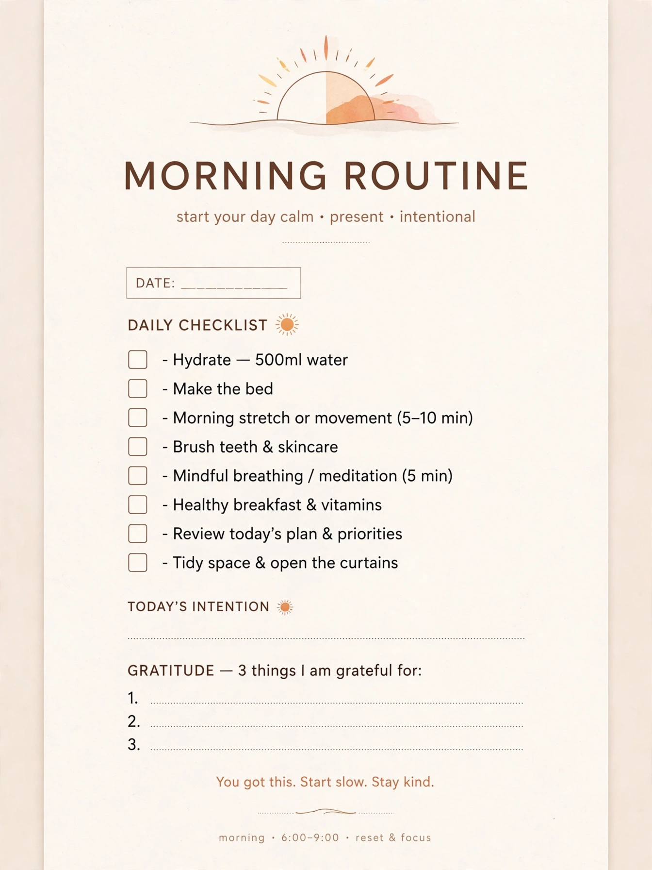 Morning routine checklist printable with timed routine blocks