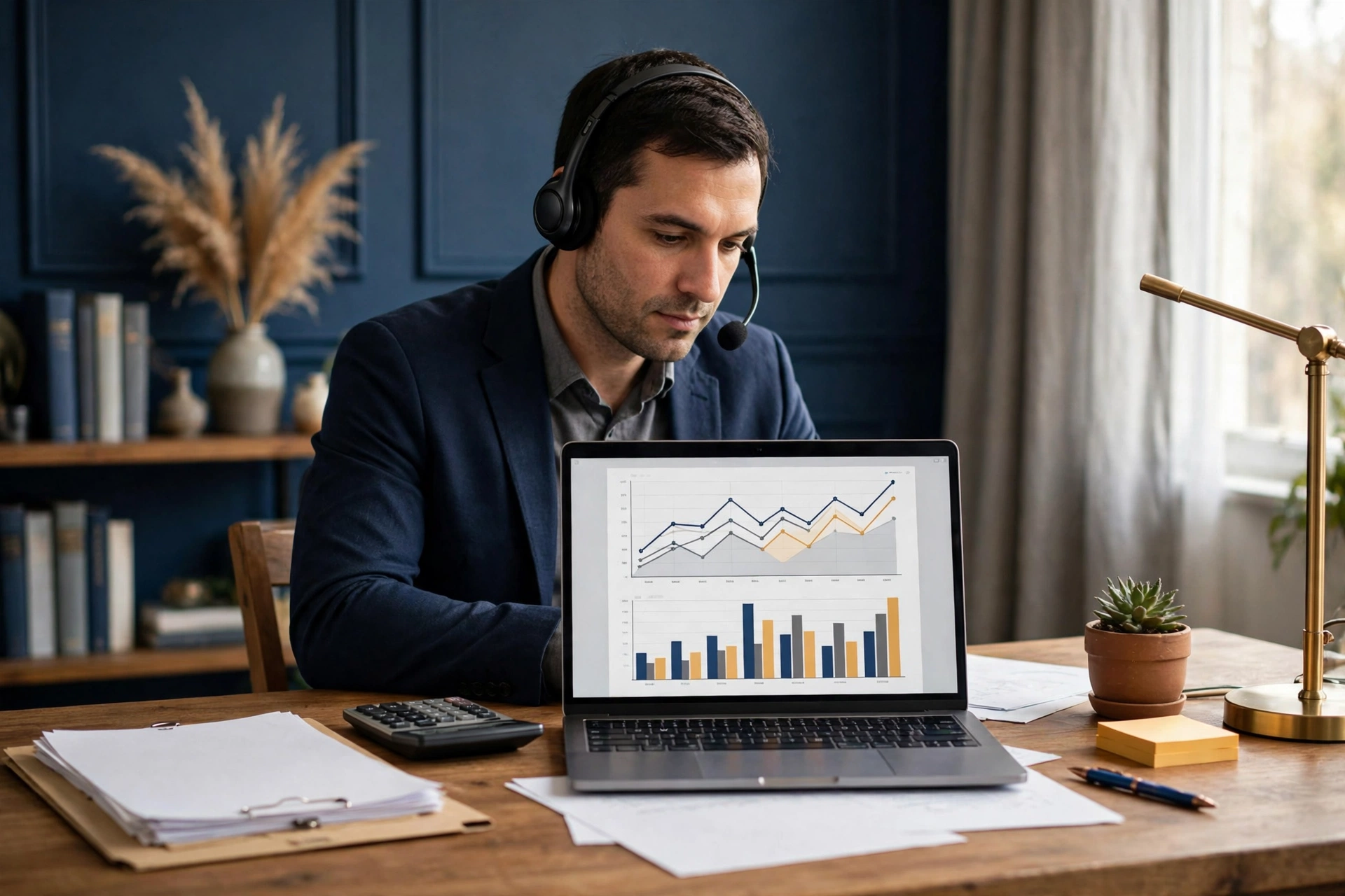 Mortgage loan support specialist with documents and calculator at a home office desk
