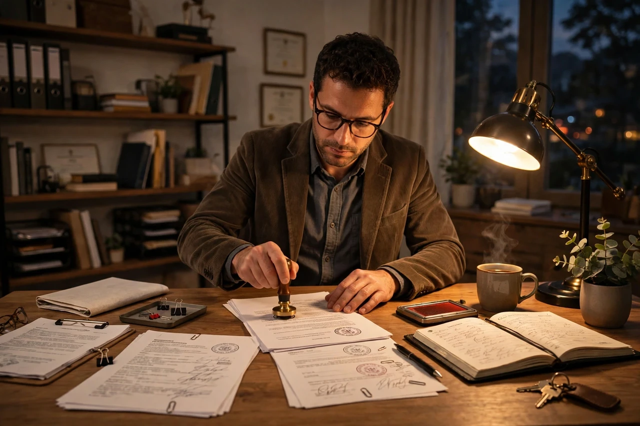 Notary public stamping documents at a kitchen table during an evening appointment