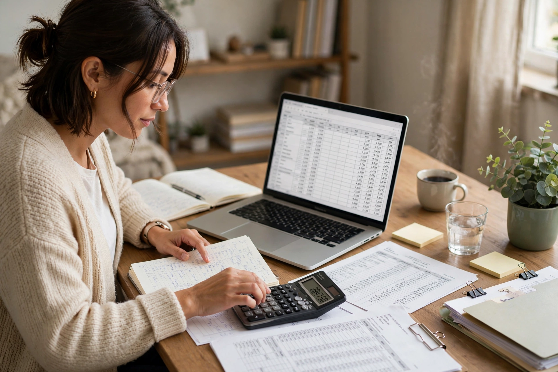 Bookkeeper organizing finances on a laptop with a calculator