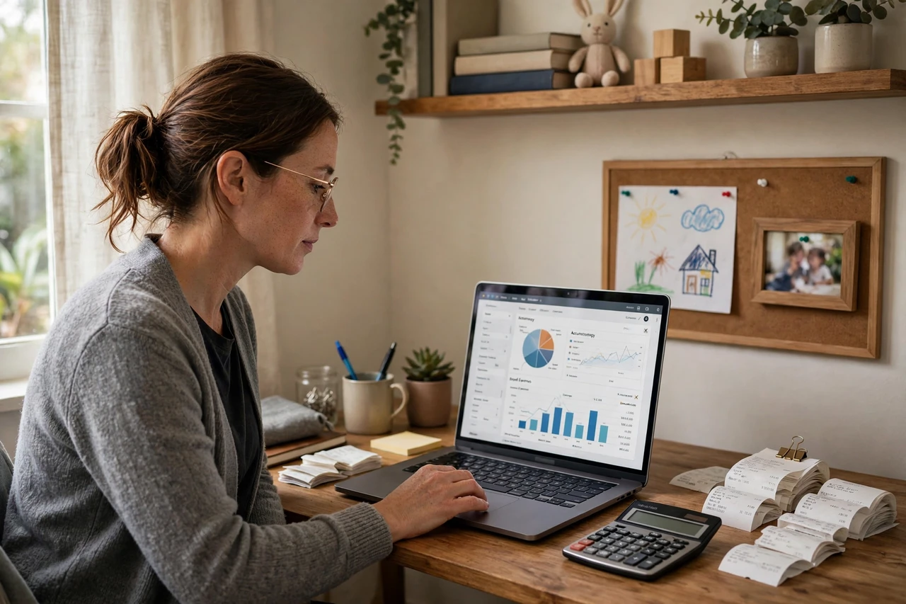 Single parent doing bookkeeping work on a laptop in a peaceful home office