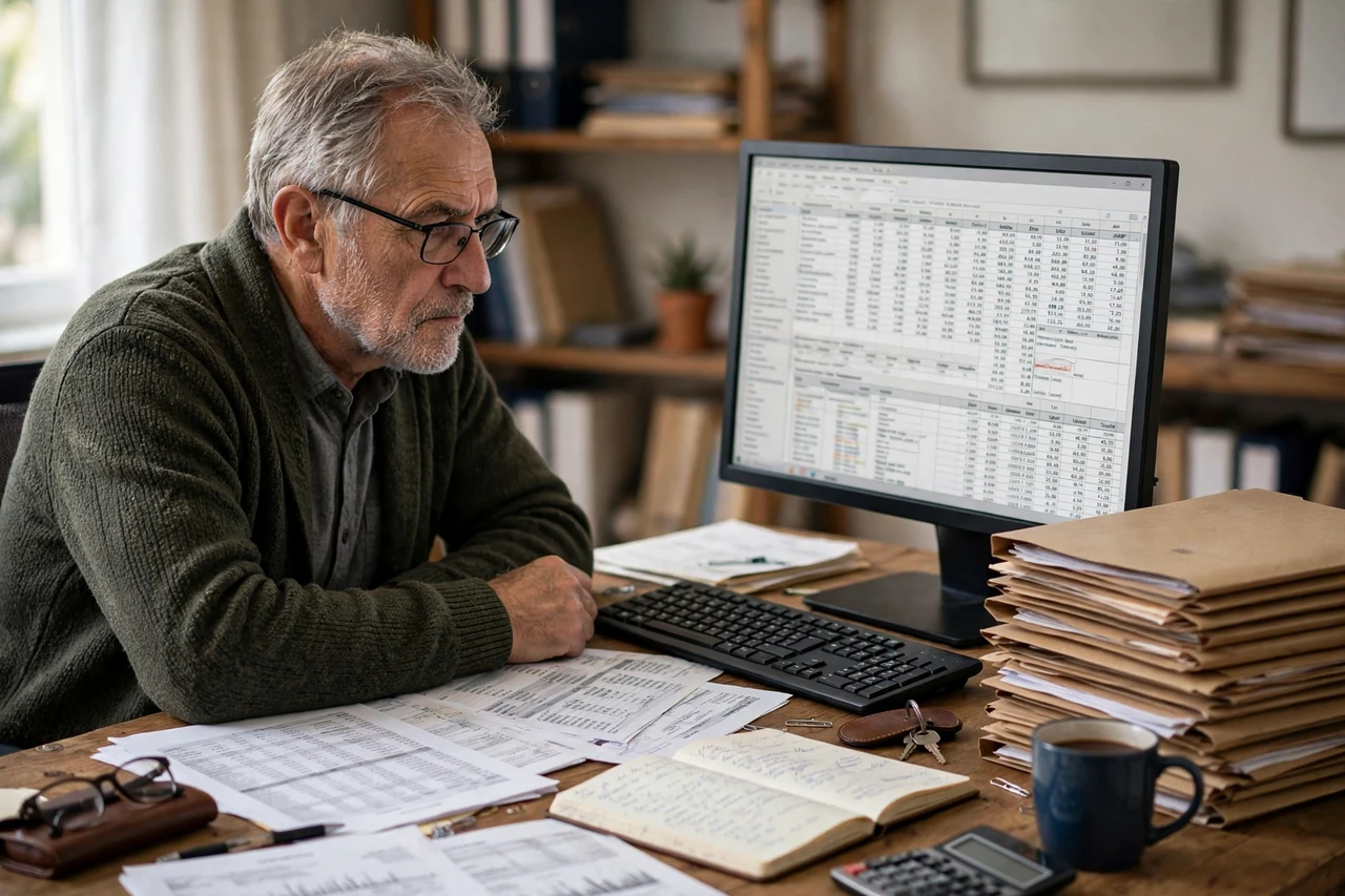 Veteran fraud investigator analyzing transaction patterns on a computer