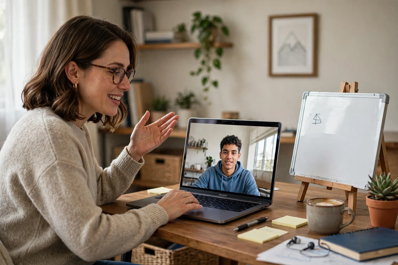 Online tutor teaching a student over video call from an accessible home office