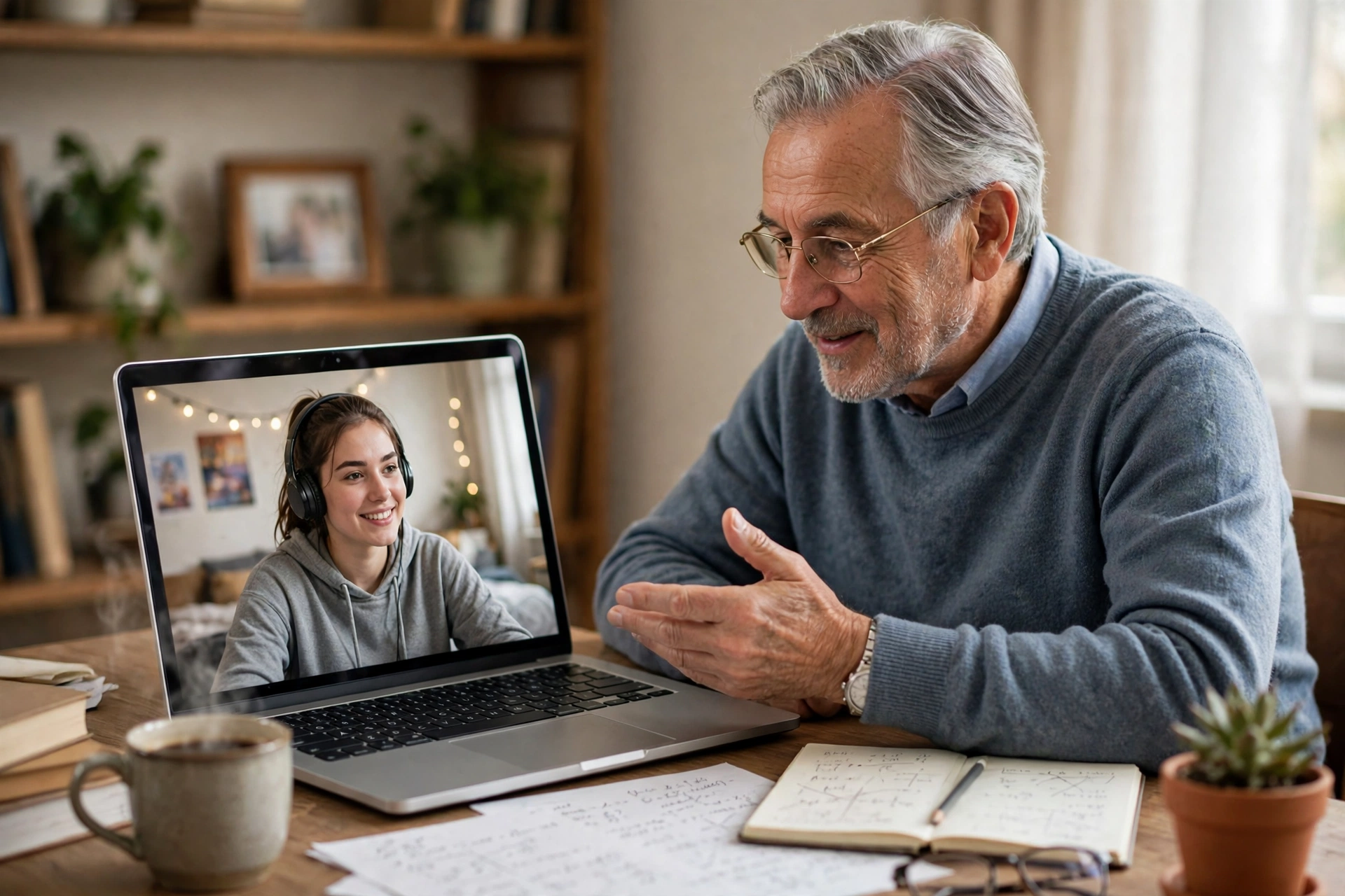Retired professional tutoring a student online via video call