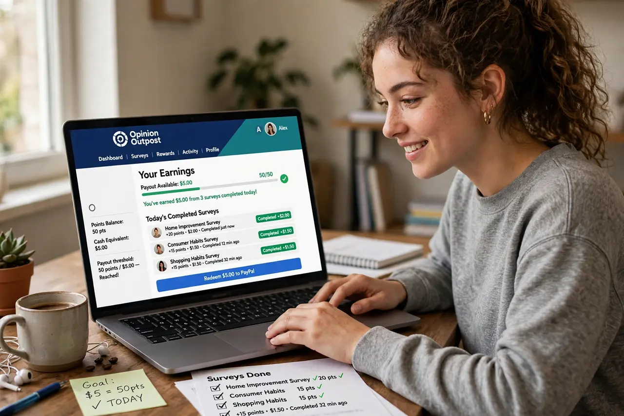 Person completing Opinion Outpost surveys to hit $5 in one sitting
