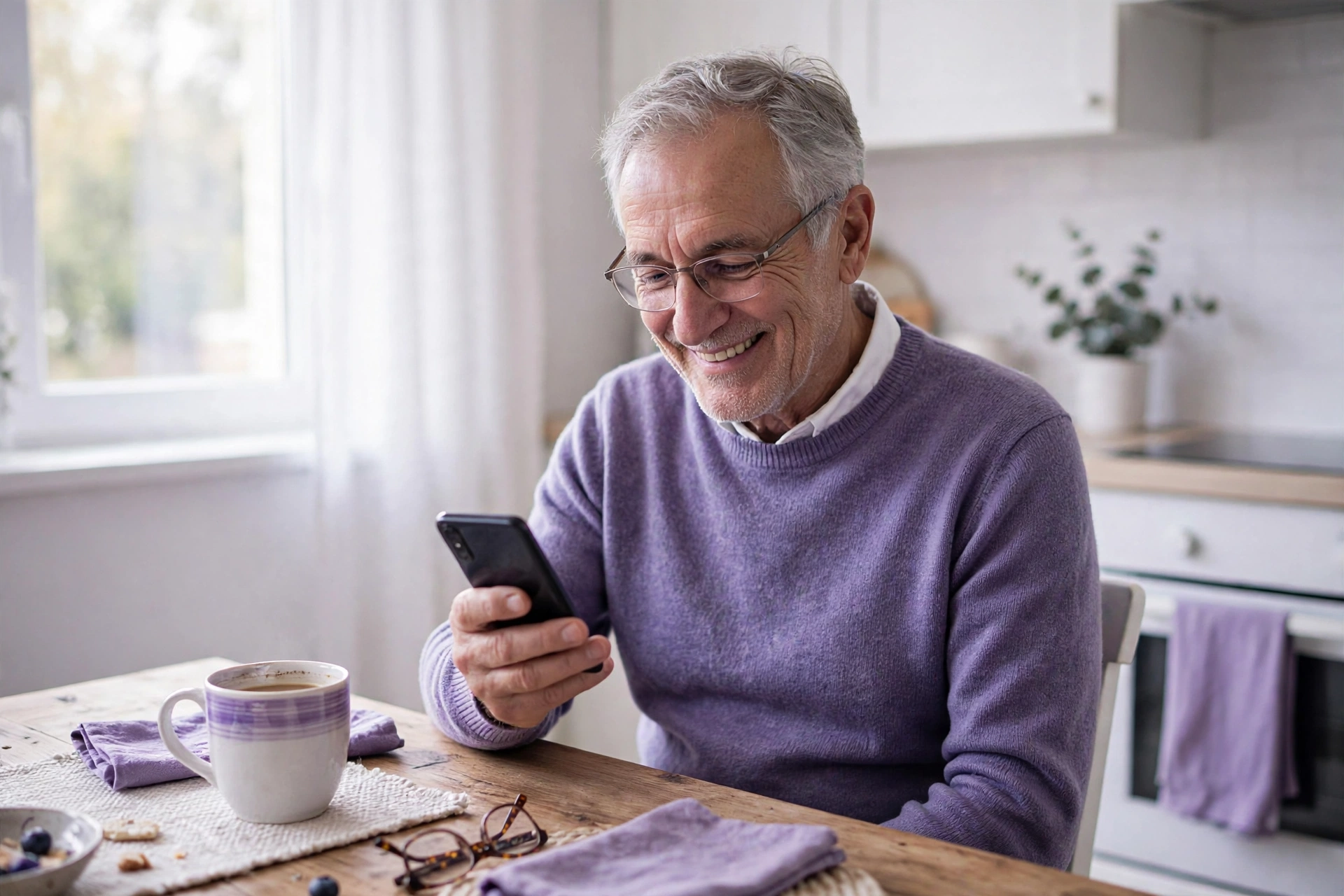 Older man finishing a quick Opinion Outpost survey on his smartphone at the kitchen table