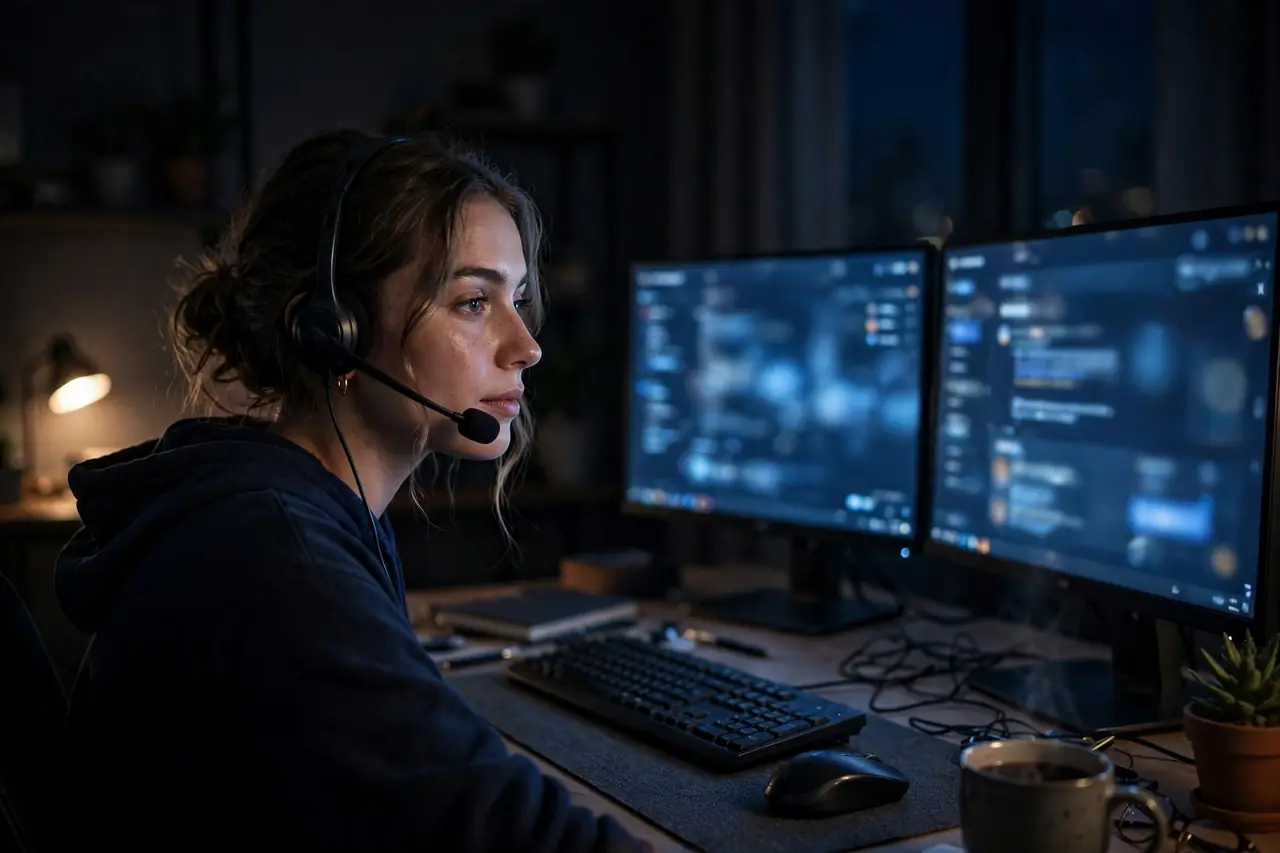 Support agent answering live chats overnight from home