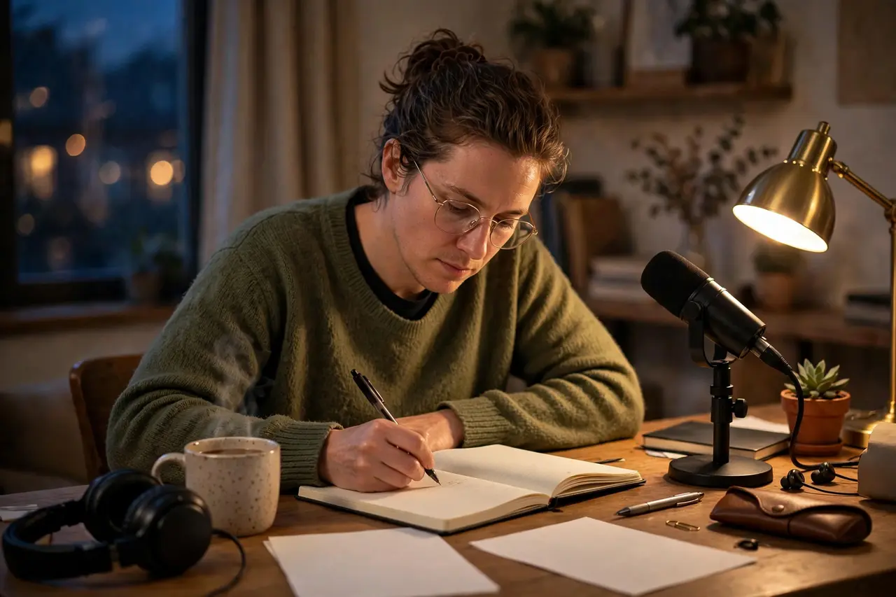 Writer creating detailed podcast show notes in the evening