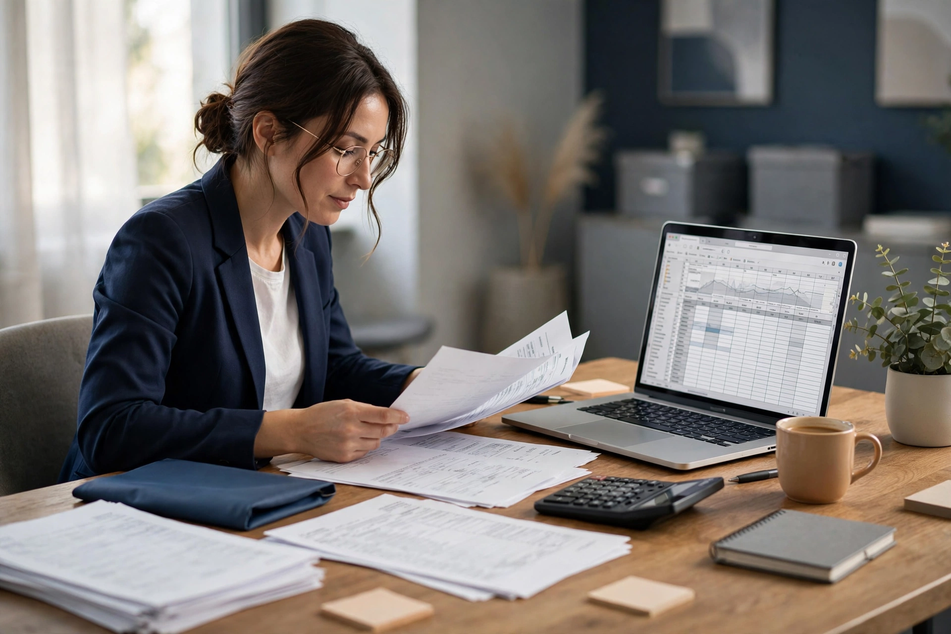Payroll processing assistant reviewing payroll spreadsheets and pay stubs at a desk