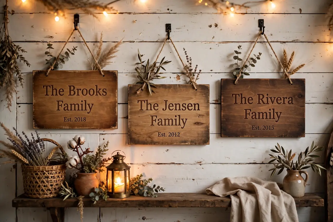 Personalized family name signs with wood-style print on demand finish